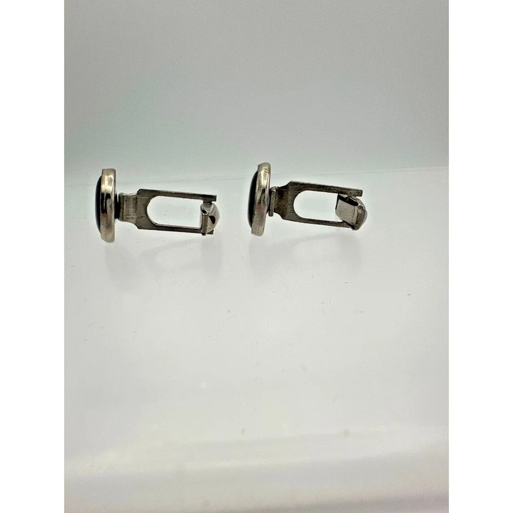 Vintage‎ Round Gray Glass Cufflinks – Silver Tone Mid-Century Style